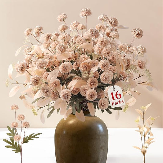 Alupssuc 16PCS Faux Silk Pompon Mums Artificial Flowers with Eucalyptus, Fake Chrysanthemum Floral for DIY Vase Arrangemen...