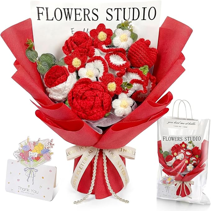 Giegxin Mother's Day Crochet Flower Bouquet Set, Handmade Knitted Bouquet Artificial Flower of Rose Romantic Gift for Her ...