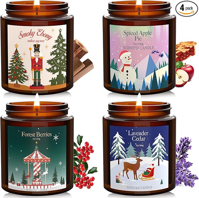 Christmas Scented Candle Gift Set for Women, 4 Pack 7 oz Soy Wax Candles for Home, Holiday & Birthday, Fall Fragrance of S...
