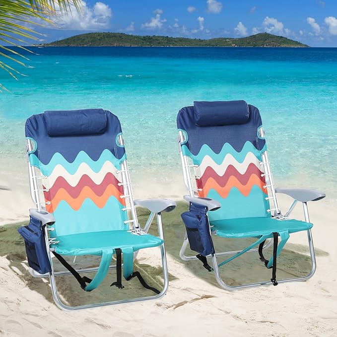 LET'S CAMP Backpack Beach Chair Set of 2, 4-Position Classic Lay Flat, Pillow and Padded Shoulder Straps, Storage Pouch an...