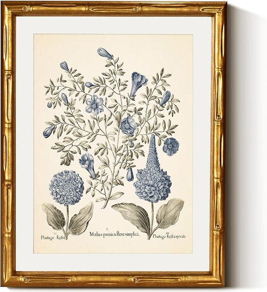 InSimSea Gold Bamboo Framed Canvas Wall Art, Retro Blue Hydrangea Botanical Prints, Antique Flowers Picture Frame with Ma...