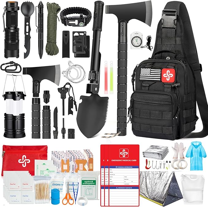 Survival Kit, 262Pcs Survival Gear and Supplies with First Aid Kit Pouch and Crossbody Bag, Emergency Kit with Tent, Campi...
