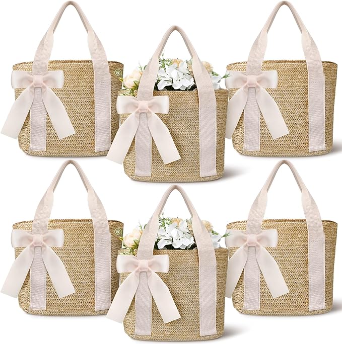 Clysee 6 Pcs Bridesmaid Straw Beach Bags Reusable Woven Burlap Tote Bags with Handles Ribbon for Bachelorette Wedding Gift...