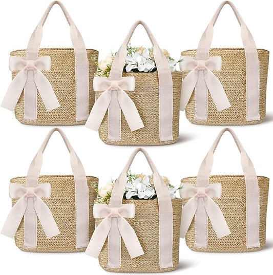 Clysee 6 Pcs Bridesmaid Straw Beach Bags Reusable Woven Burlap Tote Bags with Handles Ribbon for Bachelorette Wedding Gift...