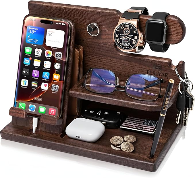 TESLYAR Wood Phone Docking Station for Men - Desk or Nightstand Organizer - Birthday Gifts for Husband, Dad - Anniversary ...