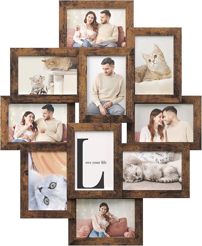 SONGMICS 4x6 Collage Picture Frames, 10-Pack Photo Collage Frame for Wall Decor, Glass Front, Assembly Required, Rustic Br...