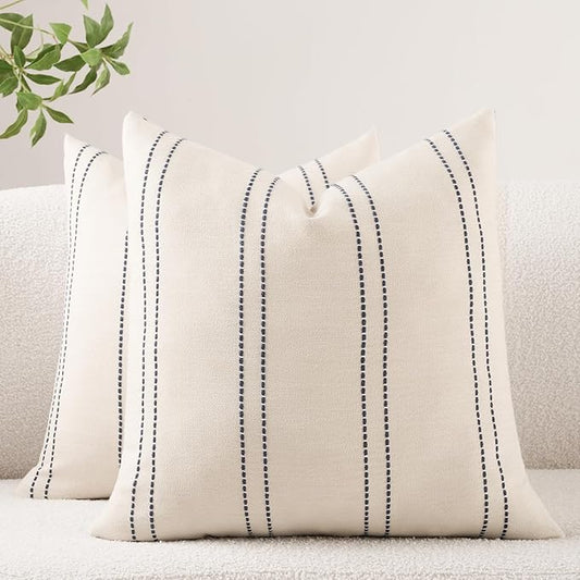 HOMFINER Decorative Throw Pillow Covers 20x20 Inch Set of 2 Linen Striped Accent Neutral Beige Farmhouse Boho Square Cushi...