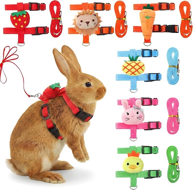 6 Pcs Adjustable Bunny Rabbit Harness with Leash Set Comfortable Small Pet Cute Vest Harness Leash Adjustable Walking Rope...