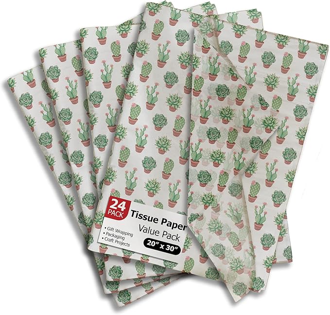 Succulent Printed Tissue Paper for Gift Bags or Boxes and Wrapping - Bulk Cactus Decorative Art Tissue Paper for Packaging...