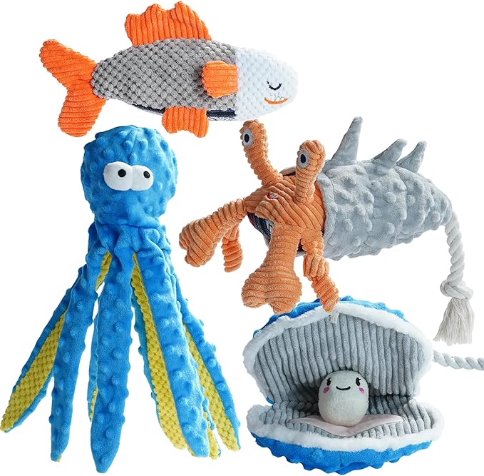 Nocciola 4 Packs Crinkle Squeaky Dog Toys for Aggressive Chewers, Tough Durable Stuffed Plush Rope Tug Puppy Chew Toy for ...