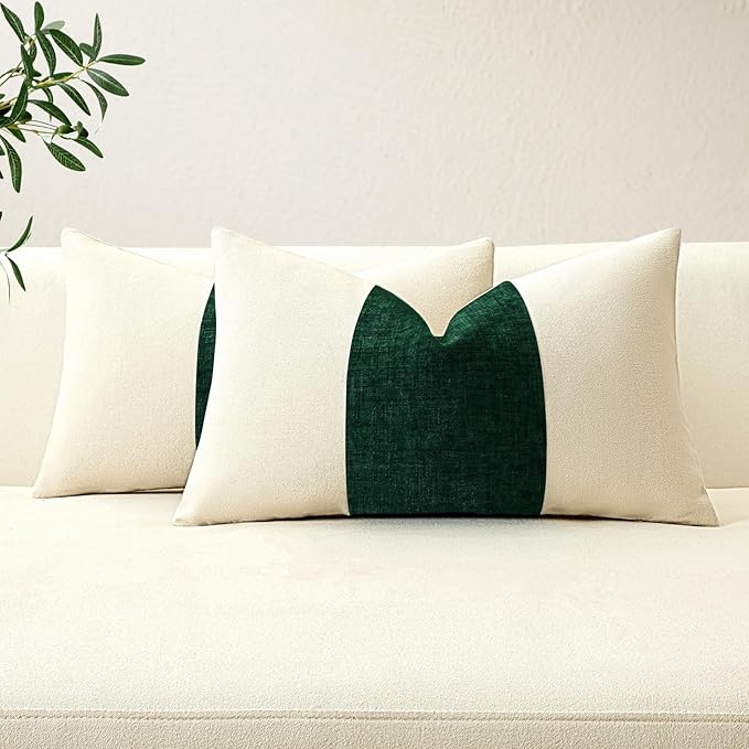OTOSTAR Set of 2 Cotton Linen Chenille Pillow Covers with Striped Patchwork Modern Minimalist Cushion Covers 12x20 Inch Ge...