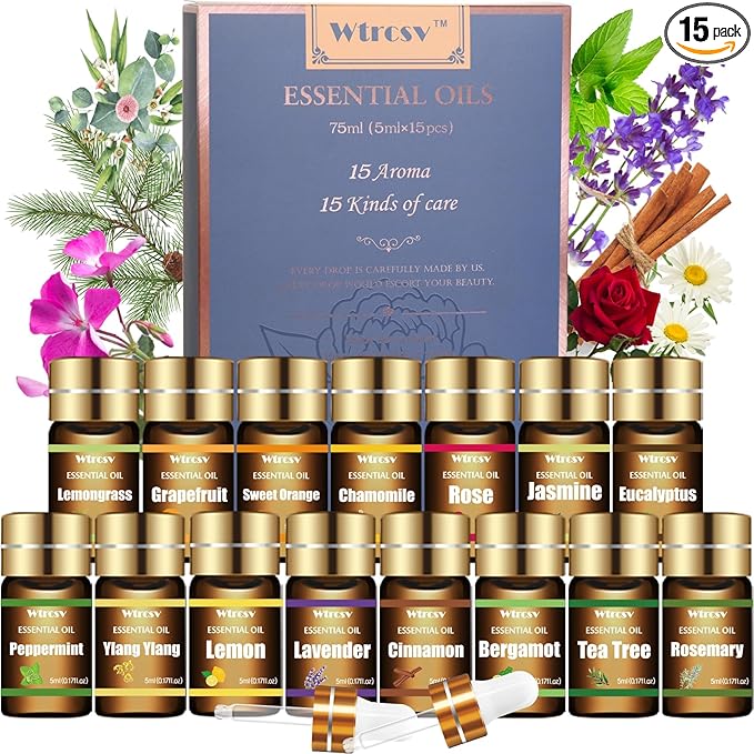 Wtrcsv Essential Oils Set - Top 15 Scents for Diffuser, Humidifier, Skin Care, Aromatherapy, Massage, Candle & Soap Making...