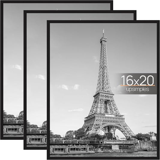 upsimples 16x20 Picture Frame Black 3 Pack, Scratch-Proof Poster Frames 16 x 20 for Photo Gallery - Slide-In Strips, Horiz...