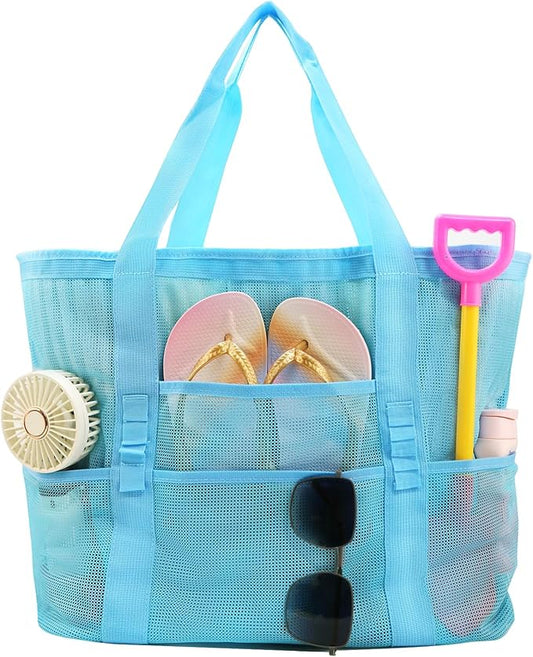 ASBEFORE Large Mesh Beach Tote Bag, 9-Pocket Foldable Summer Vacation Beach Bag for Travel, Pool, Gym, Cruise