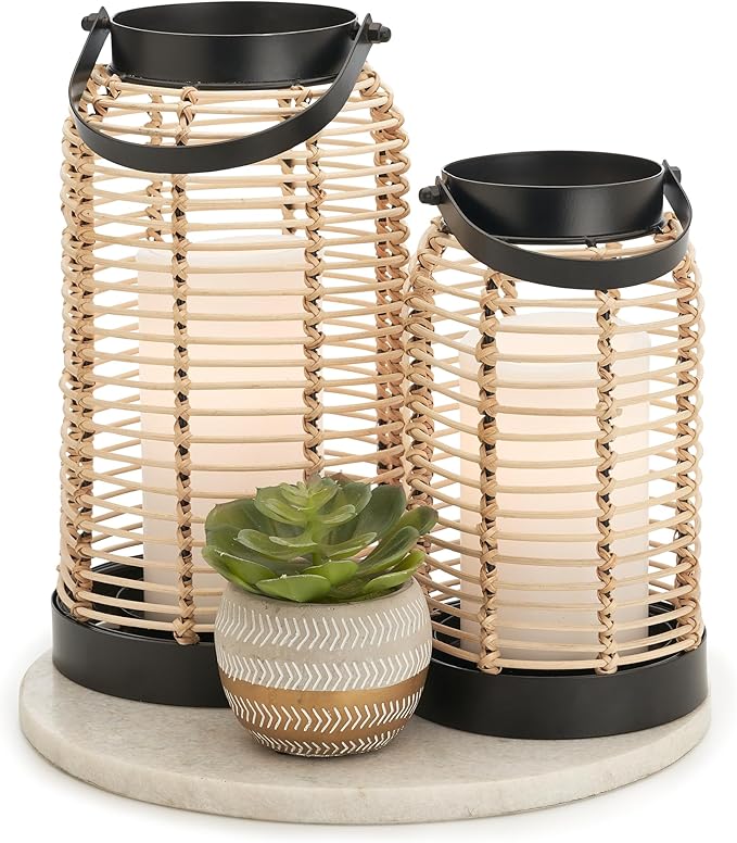 Natural Rattan Boho Lanterns - Handcrafted Chic Decor to Enhance Your Home - Modern Farmhouse Beauty Perfect for Any Livin...