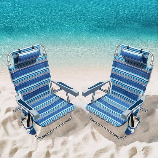 PASAMIC Backpack Beach Chairs for Adults 2 Pack Portable, Lay Flat Reclining Beach Chairs with 5 Positions, Tall Heavy Dut...
