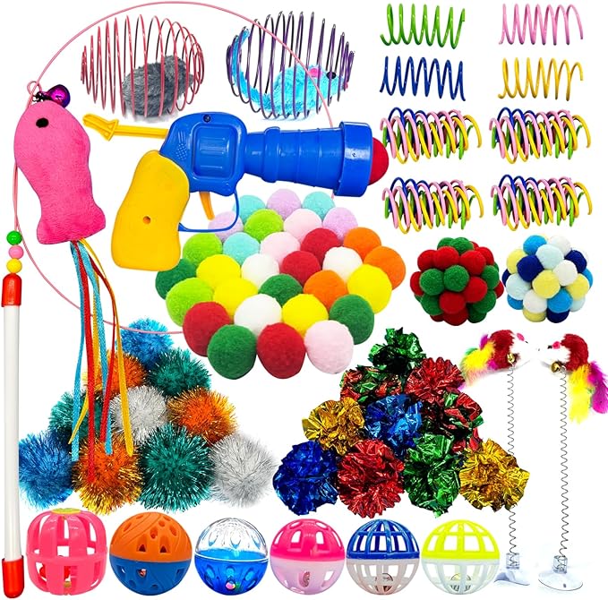 HerMia 84 Pcs Cat Toys Set for Indoor Cats, Interactive Kitten Toys with Plush Balls Launcher & Teaser Wand, Includes Crin...