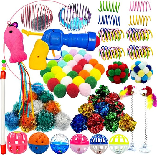 HerMia 84 Pcs Cat Toys Set for Indoor Cats, Interactive Kitten Toys with Plush Balls Launcher & Teaser Wand, Includes Crin...