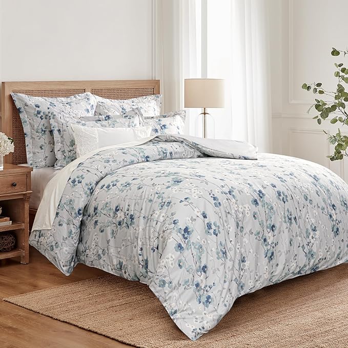 Levtex Home - Florina Comforter Set - Floral - Teal Blue Grey White - Comforter (106 x 94in.) and Two Pillow Cases (36 x 2...