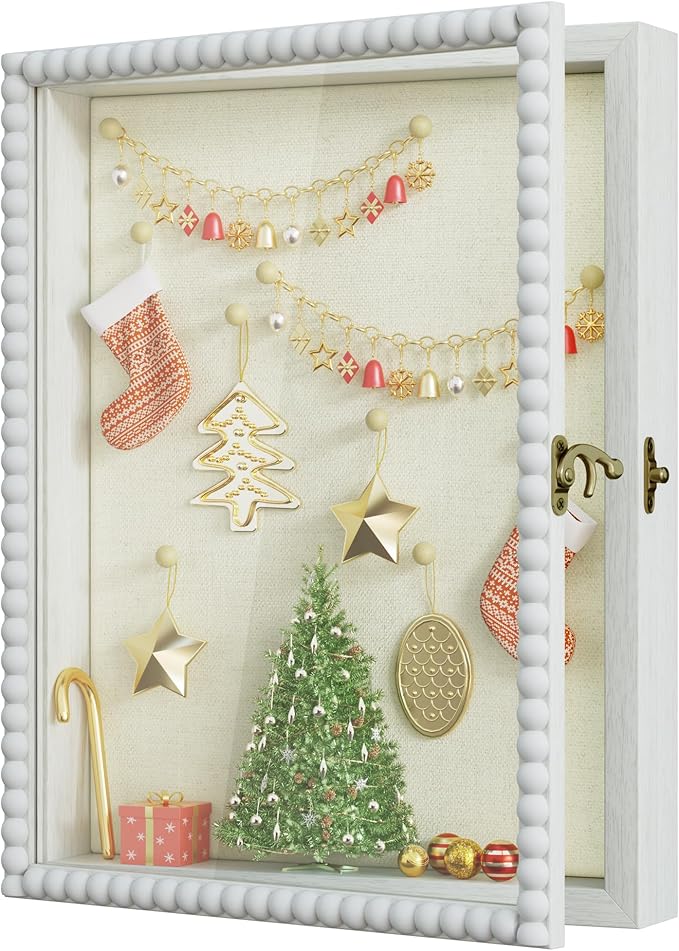 Love-KANKEI Shadow Box Frame 11x14, Deep Large Shadow Box Display Case with Unique Beads Door and Glass Window, Wood Memor...