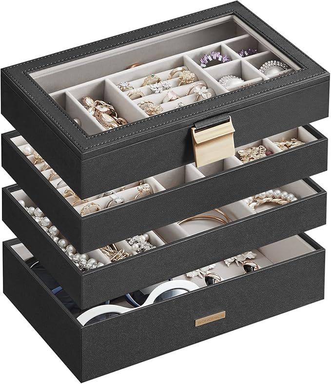 SONGMICS Stackable Jewelry Trays, 4-Tier Jewelry Box, Drawer Jewelry Organizer, with Glass Lid, Removable Dividers, for Va...