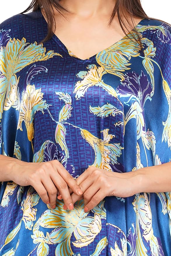 laiara lifestyle Limited Short Kaftan, Free Size, Blue Floral, Satin, Party and Evening