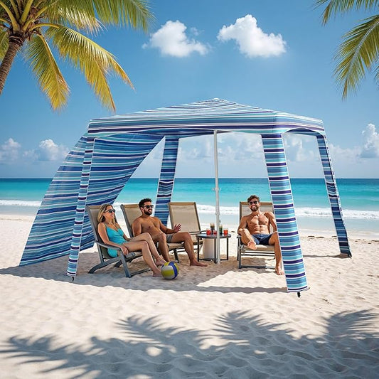 Beach Cabana-6.6x6.6’Beach Canopy with Side Wall,Portable Umbrella Tent with Sand Pockets for Family & Friends,Easy Up Bea...