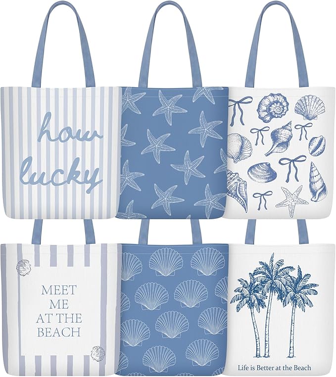 Reginary 6 Pcs Coastal Canvas Tote Bags with Pocket Summer Beach Themed Gifts Blue Seashell Starfish Conch Coral Pattern