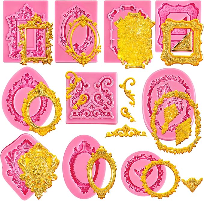 10 PCS Photo Frame Fondant Molds, Mini Photo Frame Silicone Molds Baroque Style Vintage Frame Molds for Cupcake Topper Cak...