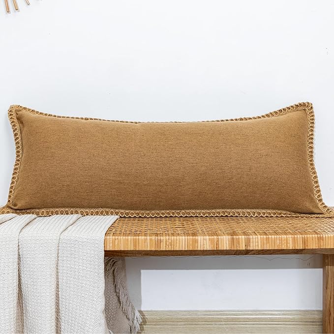 JoraLion Burlap Linen Lumbar Pillow Cover 14 x 36 inch, Trimmed Tailored Edges Cushion Cover Farmhouse Modern Decorative P...