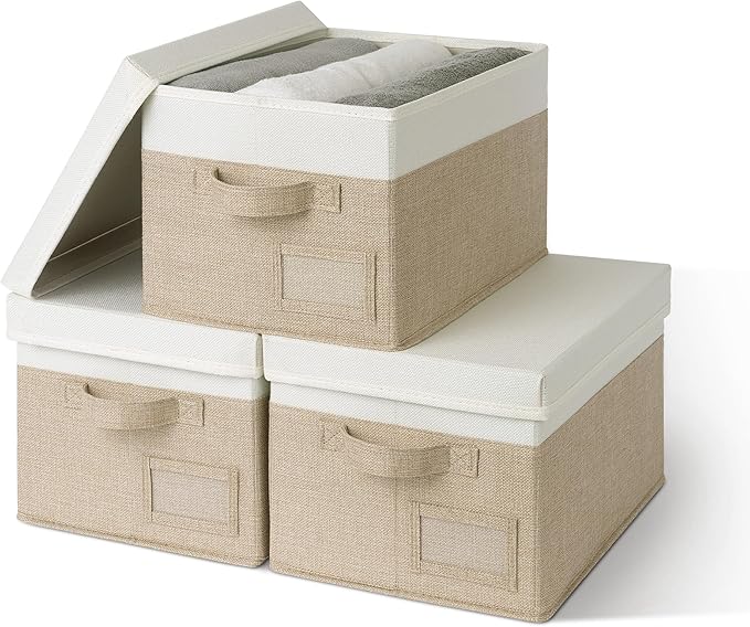 GRANNY SAYS Storage Basket with Lid, Linen Fabric Storage Bins with Label, Decorative Storage Boxes, Clothes Storage and O...