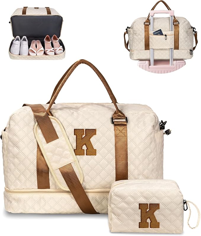 Vogewood Birthday Gift-Initial Duffle Bag with Shoe Compartment, Personalized Weekender Bag, Monogram Overnight Bag for Wo...
