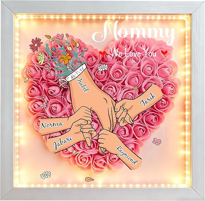 ROSLILY Personalized Mom Flower Shadow Box with Kids Names, Mommy Holding Hands Shadow Box, Custom Light Up Mother's Day P...