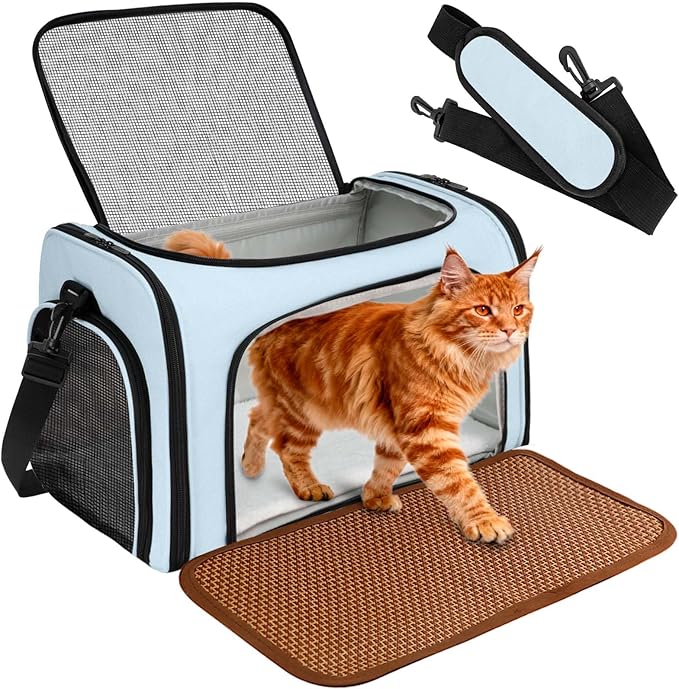 DSDCDJ Cat Carrier - Cat Carrier Soft with Plush Pad & Cooling Mat, Easy-Load 4-Side Zipper & 3-Side Mesh Ventilation, Pet...