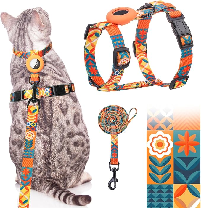 SCENEREAL Cat Harness and Leash Set Escape Proof with Airtag Holder, Adjustable Kitten Big Cats Vest Harness for Walking O...