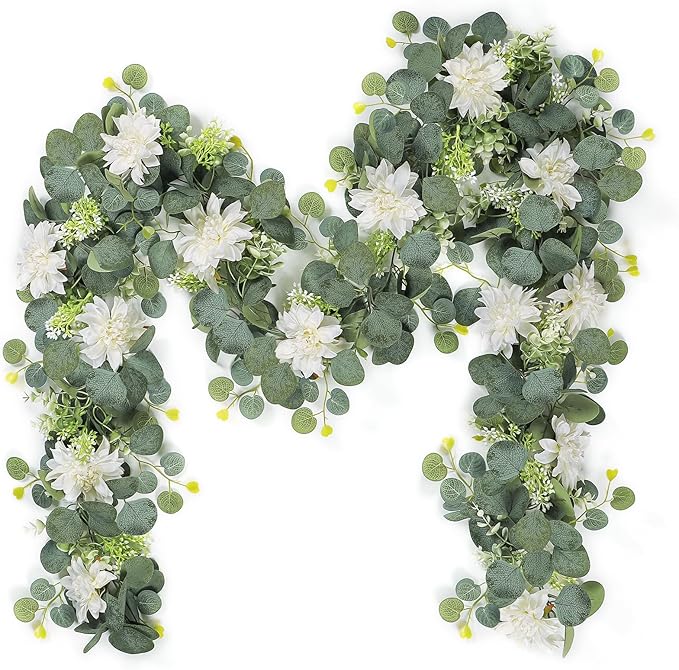 Dremisland Artificial Flowers Garlands 2 Pack 12Ft Artificial Eucalyptus Garland with Dahlia Flower Hanging Flowers Vines ...