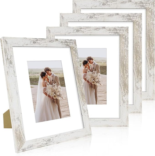 Hongkee 8x10 Picture Frame Set of 4, Made of Real Glass and Distressed White Wooden Frame, 8 by 10 Photo for Wall or Table...