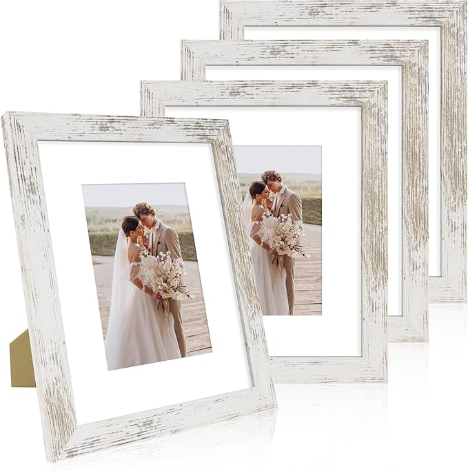Hongkee 8x10 Picture Frame Set of 4, Made of Real Glass and Distressed White Wooden Frame, 8 by 10 Photo for Wall or Table...