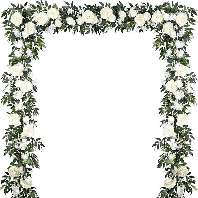 Lvydec 2 Pack Artificial Peony Flower Garland - 6ft Silk Peony Vine Willow Leaves Garland White Arch Flower Vine for Weddi...