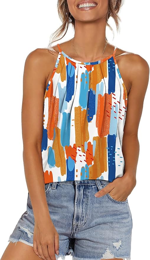WlHOLL Womens Pleated Tank Tops Spaghetti Strap Camisole Halter Tops Curved Hem Fashion 2026