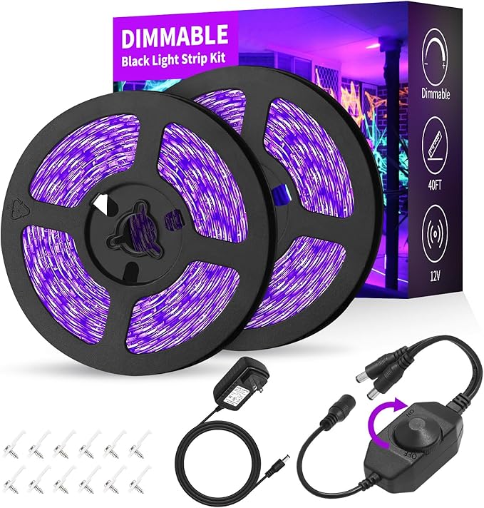 Dimmable Black Light Strip Kit 40ft/12M 720 LEDs, 12V Flexible Blacklight Fixtures, 385nm-400nm, Black Light LED Strips fo...