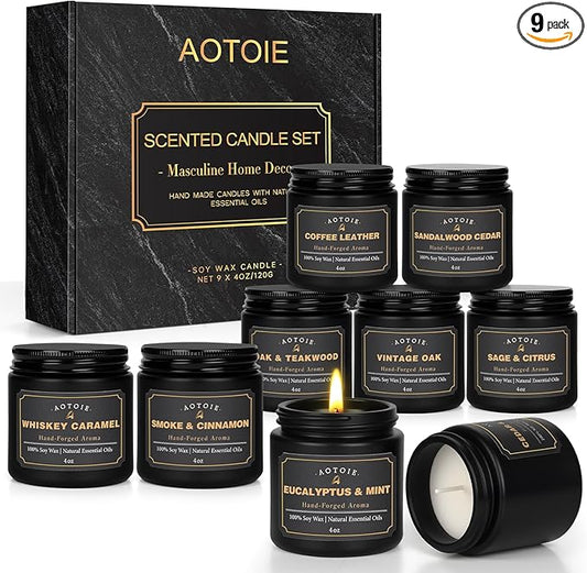 Mens Scented Candle Gift Set, 9 Pack Candles for Men, 36 oz Soy Candle, 200+ Hours Burn Time, Aromatherapy Gifts for Men, ...