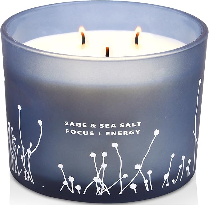 White Sage Sea Salt 3 Wick Candle - Large Soy Scented Candle 14.5 oz - Sage Candle for Cleansing House - Aromatherapy Ener...
