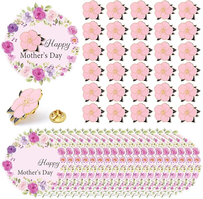 Daifunli 30 Sets Happy Mother's Day Pins on Flower Card Flower Pins with Wreath Cards Floral Lapel Brooches for Mother's D...