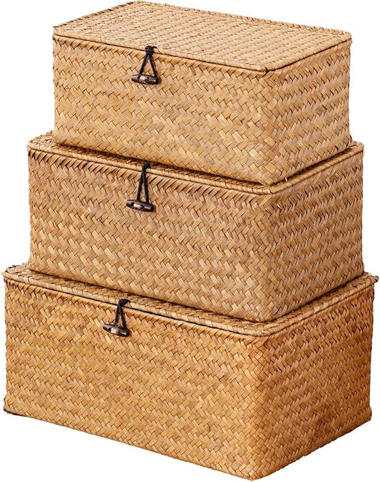 Nonam Storage Basket with Lid, Natural Seagrass Bin with Lid Set of 3, Shelf Baskets Multipurpose Container for Boho Decor...