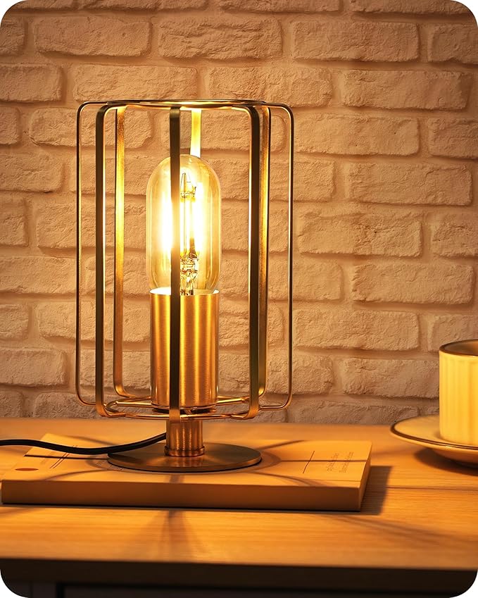 GOEBLESON Industrial Table Lamp, 8.5" Small Brass Table Lamp with Dimmable 2400K Warm Light LED Bulb, Vintage Brass Desk L...