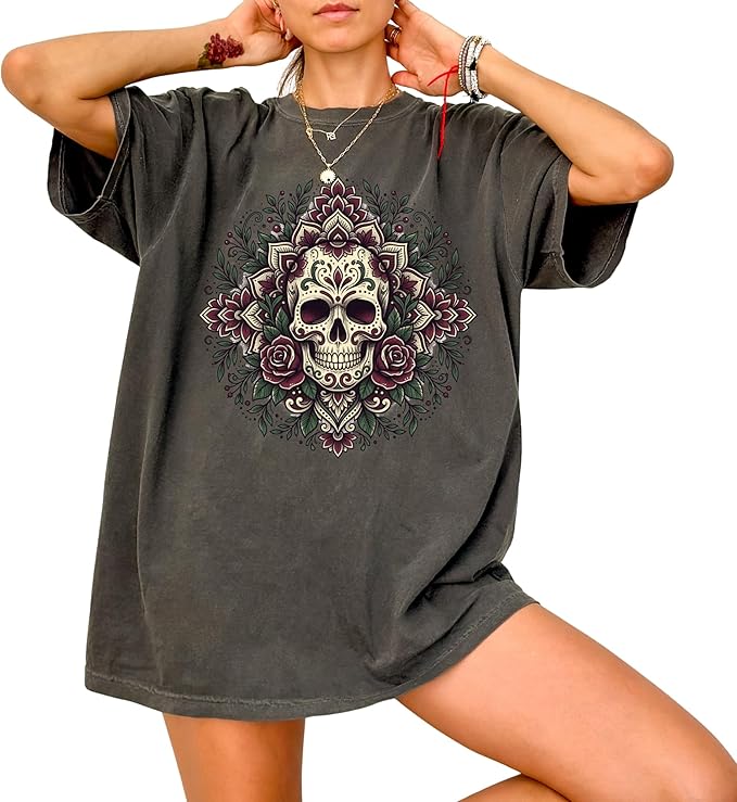 Sugar Skull Mandala Design - Womens Comfort Colors - Pepper Grey Floral Rose Day of the Dead Graphic Tee