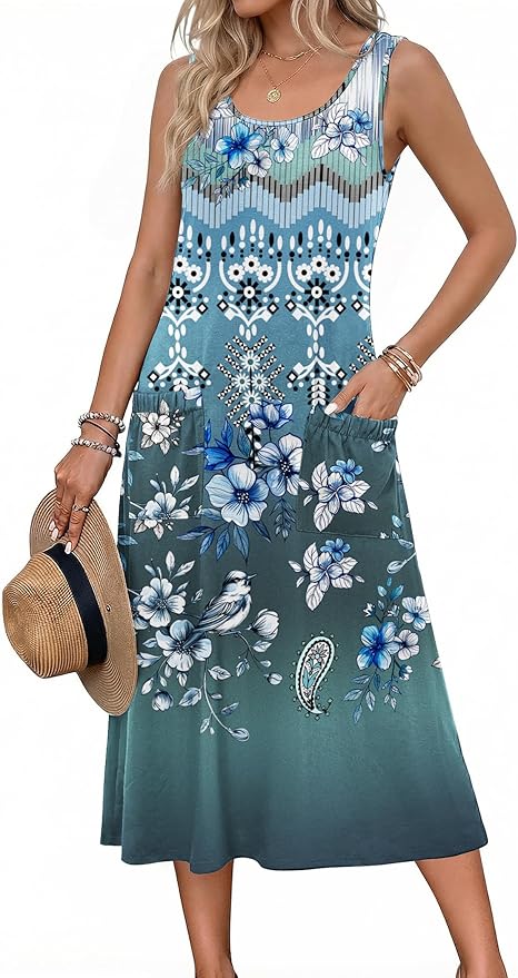 Zeagoo Womens Summer Midi Dresses 2026 Casual Sleeveless Tank Sundresses A Line Crewneck Beach Vacation Dress with Pockets