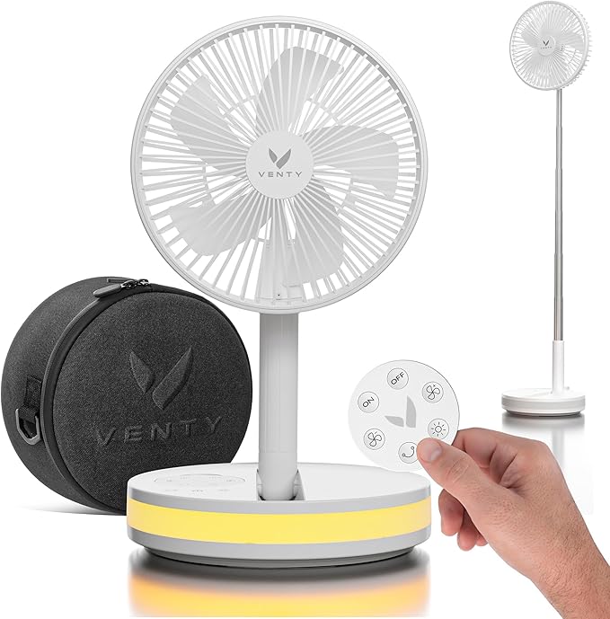VENTY Portable Fan - Wireless Battery Operated Fan - 4 Speeds - LED Lighting - Carry Case & Remote Control - Cruise Travel...