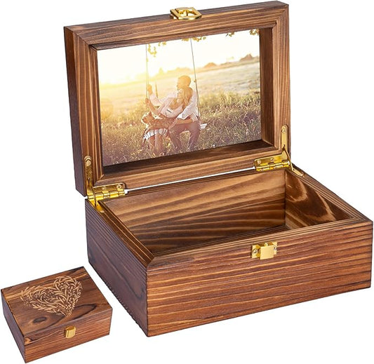 Small Wooden Memory Keepsake Boxes With Hinged Lids and a photo frame inside the lid - Decorative Storage Box With a Hinge...